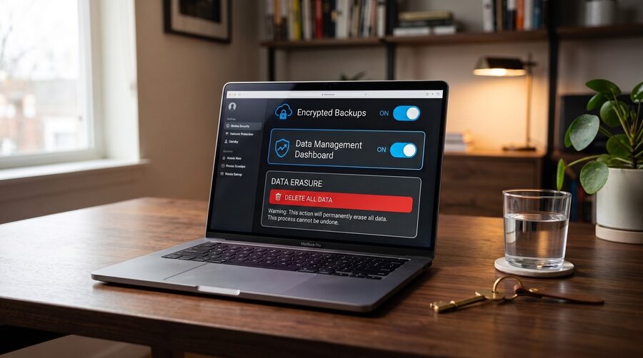 A laptop showing Chiron's encrypted backups and data management dashboard settings - click to enlarge
