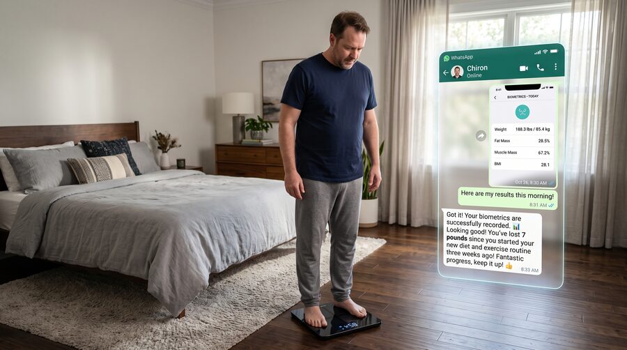 A man checking his weight on a smart scale next to a phone showing Chiron logging his biometrics on WhatsApp - click to enlarge
