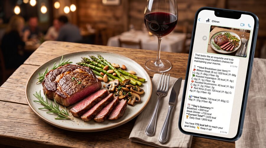 A steak dinner plate next to a phone showing Chiron's instant meal breakdown on WhatsApp - click to enlarge