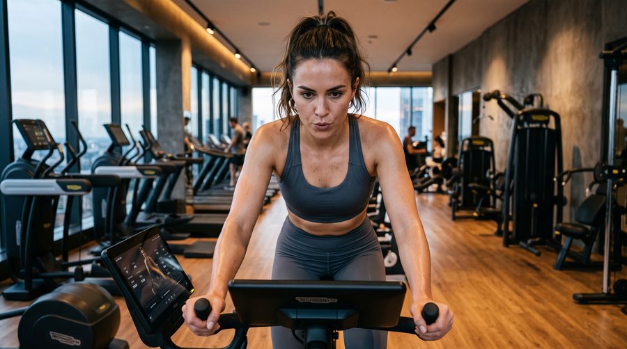 Woman training hard on a stationary bike - click to enlarge
