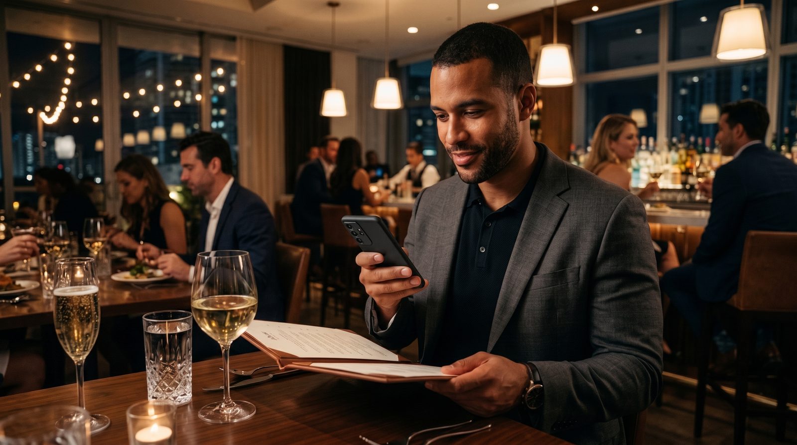 Man checking a menu decision on his phone at an upscale restaurant