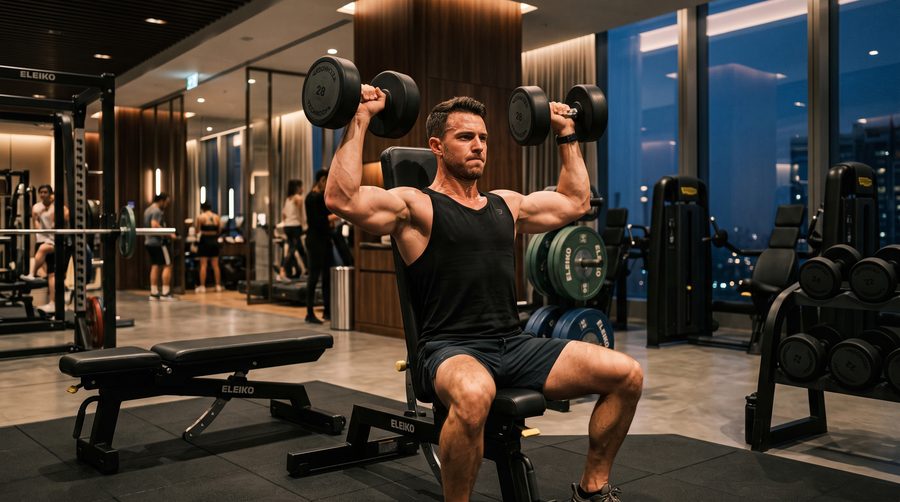Man pressing dumbbells overhead in a gym - click to enlarge